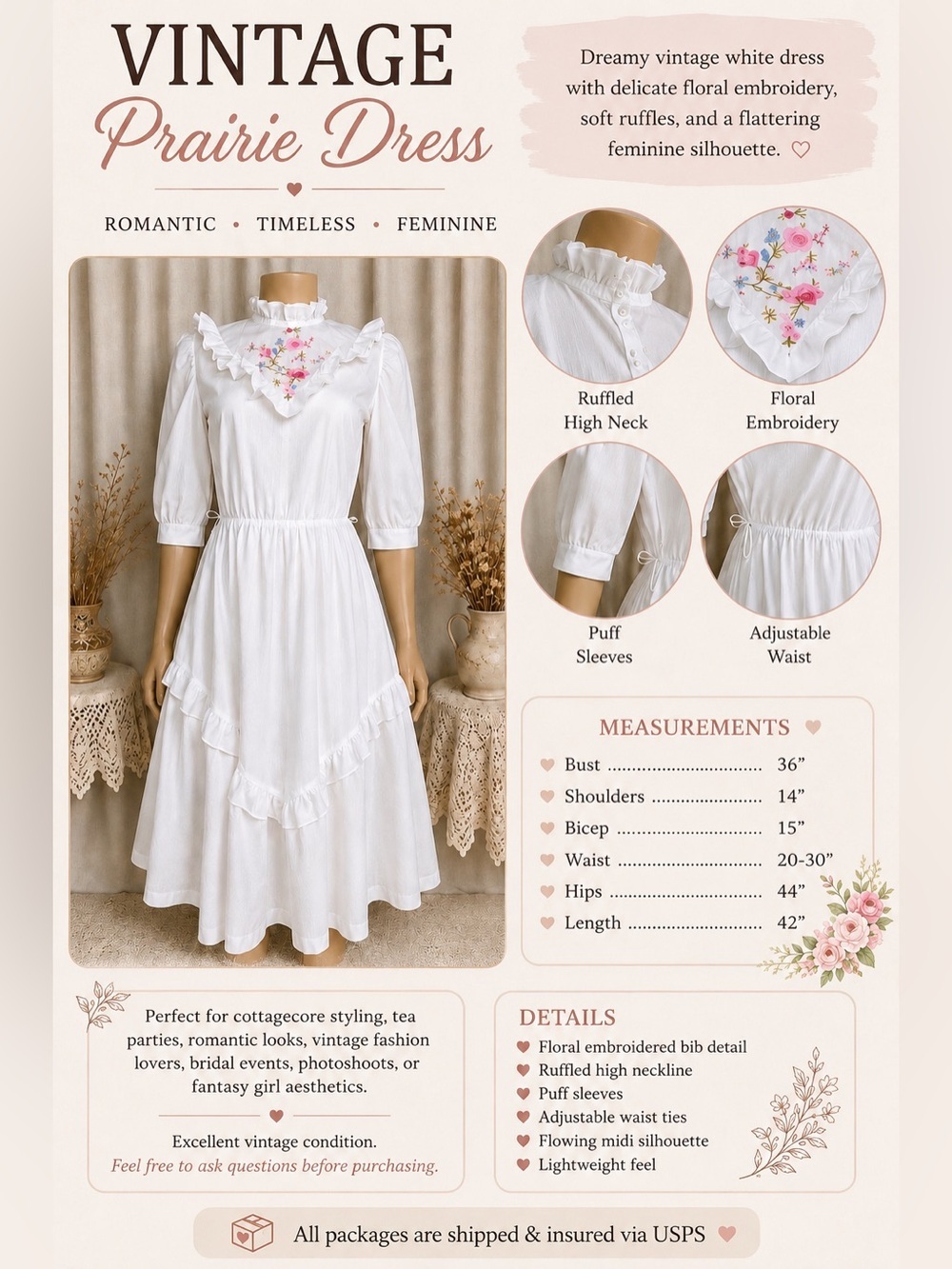 Vintage White Cotton Prairie Cottagecore Dress Embroidered Ruffle Midi